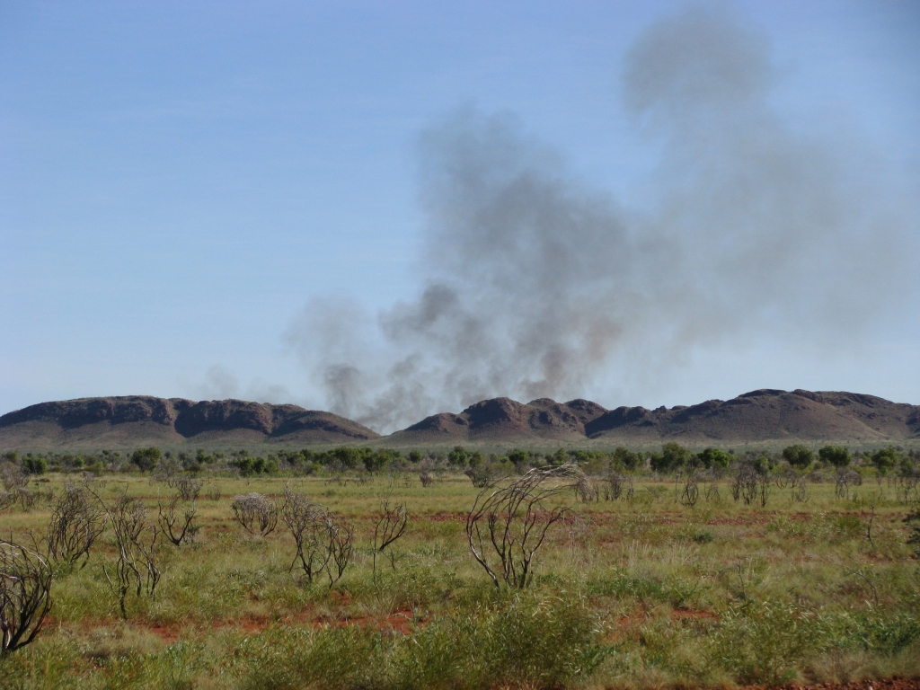 Onderweg naar Port Hedland zien we uitgestrekte vlaktes en bushfires.